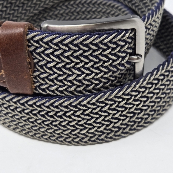 TOMMY BAHAMA BRAIDED WOVEN STRETCH BELT BLUE & KHAKI BROWN LEATHER END MEN L/XL - Picture 2 of 12
